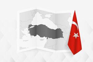 A grayscale map of Turkey with a hanging Turkish flag on one side. Map for many types of news. vector