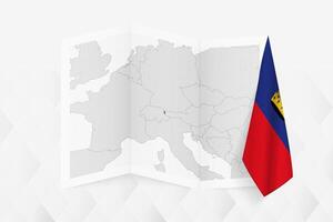 A grayscale map of Liechtenstein with a hanging Liechtenstein flag on one side. Map for many types of news. vector