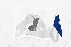 A grayscale map of Finland with a hanging Finnish flag on one side. Map for many types of news. vector