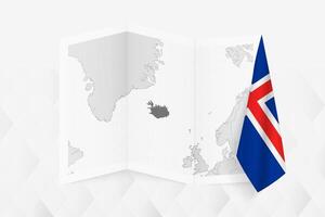 A grayscale map of Iceland with a hanging Icelandic flag on one side. Map for many types of news. vector