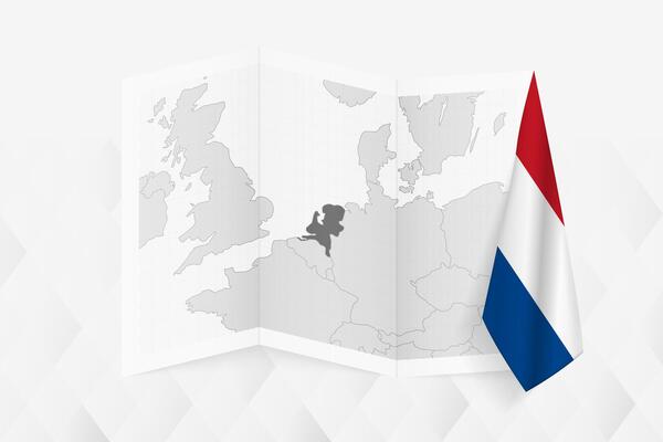 A grayscale map of Netherlands with a hanging Dutch flag on one side. Map for many types of news.