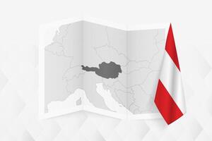 A grayscale map of Austria with a hanging Austrian flag on one side. Map for many types of news. vector