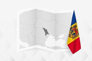 A grayscale map of Moldova with a hanging Moldovan flag on one side. Map for many types of news. vector