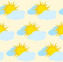 Bright cheerful seamless pattern featuring suns and clouds. Simple cartoon-style shapes add charm. For childrens room decor or whimsical designs, textiles like curtains, bedding, and clothing. vector