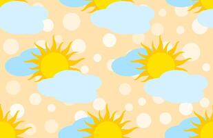 Seamless pattern of cartoon-style sun and cloud shapes. Light orange background enhances warmth and playfulness. For childrens textiles like bedding, curtains, apparel, vibrant wallpaper in nursery. vector