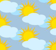 Sun and cloud motifs arranged in a seamless pattern. Simple cartoon-like shapes for a playful aesthetic. For textile applications like curtains, bedding, or clothing, wrapping paper, packaging. vector