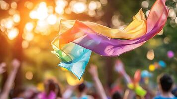 vibrant rainbow flag waves in sunlight during health awareness campaign, symbolizing unity and celebration. joyful atmosphere is filled with colorful decorations and enthusiastic participants photo