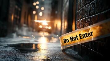 Do Not Enter tape cordoning off dimly lit alleyway, creating sense of mystery and caution. wet pavement reflects light, enhancing atmosphere photo