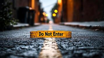 Do Not Enter tape on wet street, creating sense of caution and restriction. blurred background adds depth to urban scene photo