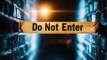 Do Not Enter tape cordoning off dark alleyway creates sense of caution and mystery. illuminated background enhances atmosphere of restriction and danger photo