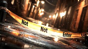 Do Not Enter tape cordoning off wet alley at night, illuminated by streetlights, creates mysterious and tense atmosphere photo