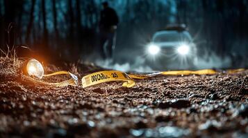crime scene illuminated by flashlight, featuring caution tape on ground, evokes sense of mystery and tension. background shows vehicle with headlights on, enhancing dramatic atmosphere photo