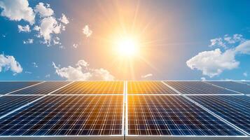 Solar panels under bright sun, showcasing renewable energy technology and clear blue sky. scene emphasizes sustainability and innovation in energy photo