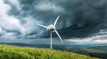 wind turbine stands tall against dramatic sky filled with dark clouds, symbolizing renewable energy and sustainability. lush green grass adds to serene landscape photo