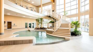 modern community center featuring spacious indoor pool, elegant staircase, and lush greenery, creating welcoming atmosphere for relaxation and social activities photo