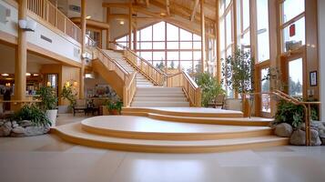 spacious senior community common area featuring grand staircase, large windows, and greenery. warm wooden architecture creates welcoming atmosphere photo