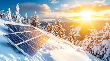 Solar panels installed on snowy mountain landscape, capturing sunlight. scene showcases beautiful winter sunset with snow covered trees and mountains in background photo