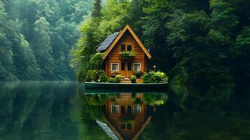 charming solar powered floating house surrounded by lush greenery, reflecting beautifully on calm water. This serene setting evokes sense of tranquility and harmony with nature photo