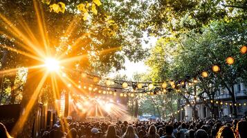 vibrant outdoor music festival scene with sunlight streaming through trees, illuminating large crowd enjoying performance photo