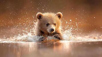 playful bear cub splashes through river, creating beautiful scene of nature. warm colors and dynamic movement capture joy of wildlife in its natural habitat photo
