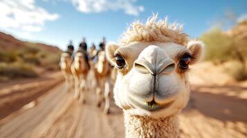 Close up of camel in desert with caravan in background, showcasing unique features of animal and beautiful landscape. scene captures essence of desert life photo