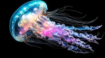 vibrant underwater photo of jellyfish with glowing tentacles, showcasing its ethereal beauty and colorful luminescence in dark environment