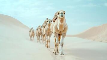 camel caravan walks through serene desert landscape, showcasing beauty of nature and wildlife. soft sand and clear sky create tranquil atmosphere photo