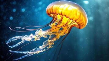 vibrant underwater photo of glowing jellyfish, showcasing its delicate tentacles and luminous body, creating mesmerizing scene in ocean depths
