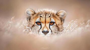 close up of cheetah face peering through tall grass, showcasing its striking eyes and distinctive fur pattern. image captures essence of wildlife in serene environment photo