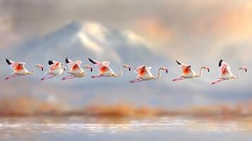 flock of flamingos gracefully flying over serene wetland, showcasing their vibrant pink feathers against soft, blurred background. scene evokes sense of tranquility and beauty in nature photo