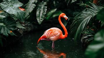 vibrant flamingo stands gracefully in shallow water surrounded by lush greenery, showcasing its striking pink feathers and elegant posture photo