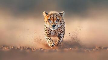 wildlife photo of cheetah running in savannah, showcasing its speed and agility. cheetah striking features and dynamic movement capture essence of wild
