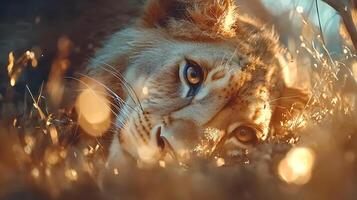 close up wildlife photo of lion resting in savannah, showcasing its intense gaze and beautiful fur. warm sunlight creates serene atmosphere, highlighting lion majestic features