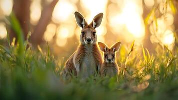 kangaroo and its joey stand together in sunlit grassy field, showcasing heartwarming moment in nature. warm glow of sunset enhances serene atmosphere photo