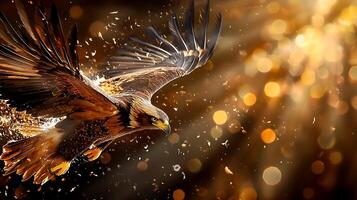 Majestic eagle in flight, showcasing powerful wings and golden feathers, surrounded by shimmering background of light and particles photo