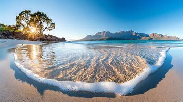 tranquil beach scene with gentle waves lapping at shore, surrounded by mountains and trees, creating serene atmosphere photo