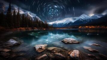 serene night scene featuring starry sky above tranquil lake, surrounded by mountains and trees. stars create mesmerizing circular pattern, reflecting on water surface photo