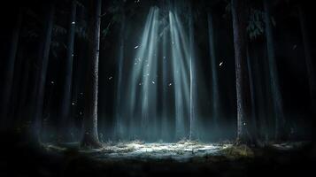 moody forest scene with beams of light filtering through tall trees, creating ethereal atmosphere. ground is covered in mist and scattered leaves, enhancing mystical feel photo
