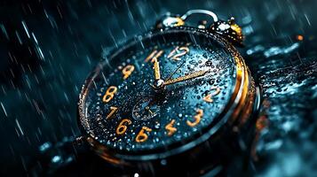 vintage clock surrounded by raindrops, showcasing intricate details and moody atmosphere. macro lens captures beauty of time in unique setting photo