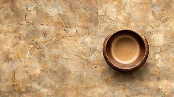 minimalist coffee cup sits on textured, earthy background, creating serene atmosphere. warm tones evoke sense of calm and simplicity photo