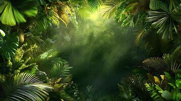 lush, vibrant rainforest filled with dense foliage and sunlight filtering through leaves, creating serene atmosphere photo