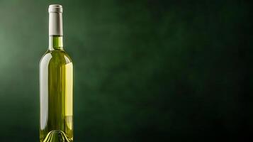 creative studio photo of wine bottle with sleek design, showcasing its elegant shape and vibrant color against dark green background