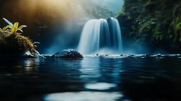 serene waterfall cascades into tranquil pool, surrounded by lush greenery and soft light. motion blur creates dreamy atmosphere, enhancing natural beauty photo