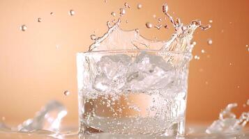 creative studio photo of water splashing into glass with ice, capturing dynamic movement and refreshing essence of moment
