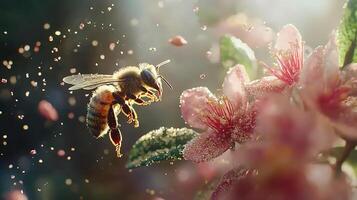 detailed macro shot of bee pollinating flower, showcasing beauty of nature and important role of bees in ecosystem. vibrant colors and soft light create magical atmosphere photo