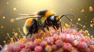 detailed macro shot of bee pollinating vibrant flower, showcasing intricate details of bee body and colorful pollen. image captures beauty of nature and essential role of bees in ecosystem photo