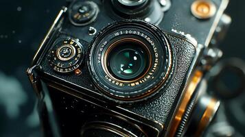 close up photo of vintage camera showcasing intricate details and textures. lens and dials reflect classic design, evoking nostalgia and creativity