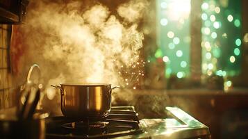 steaming pot on stove creates warm, inviting atmosphere in kitchen filled with soft, glowing lights. scene captures essence of home cooking photo