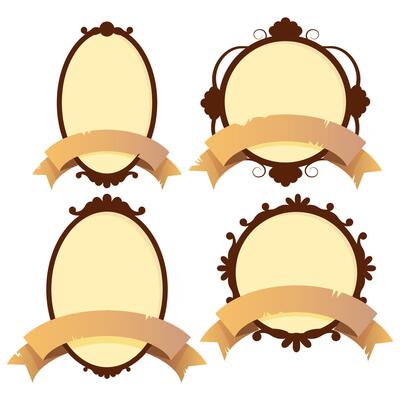 Vintage oval wooden photo frames with old paper tape for writing