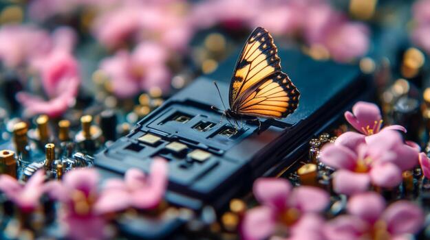 A butterfly resting on top of a computer motherboard photo